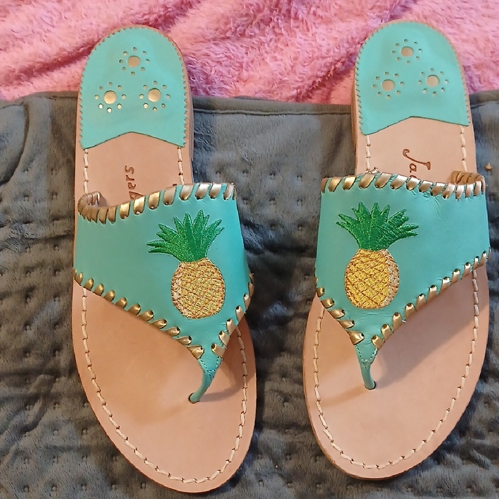 Jack Rogers Turquoise Pineapple Slide Sandals with Gold Trim